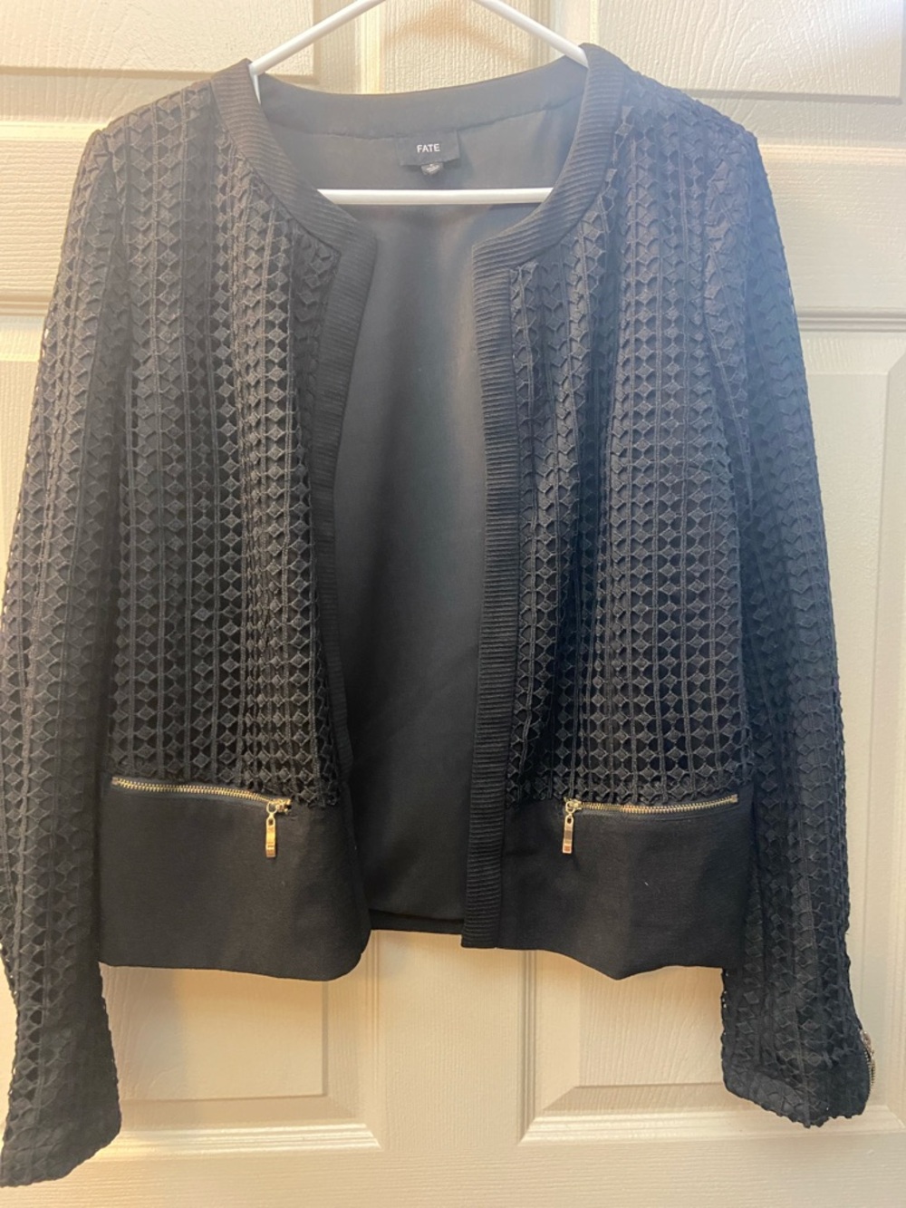 Fate Black Textured Open-Front Zip-Pocket Jacket